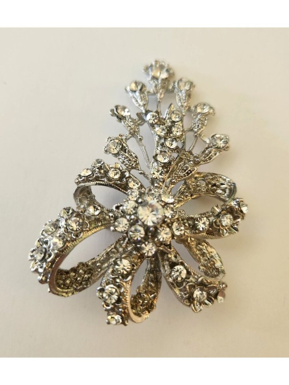 Clear Rhinestone Floral Brooch Pin Silver Tone Bow